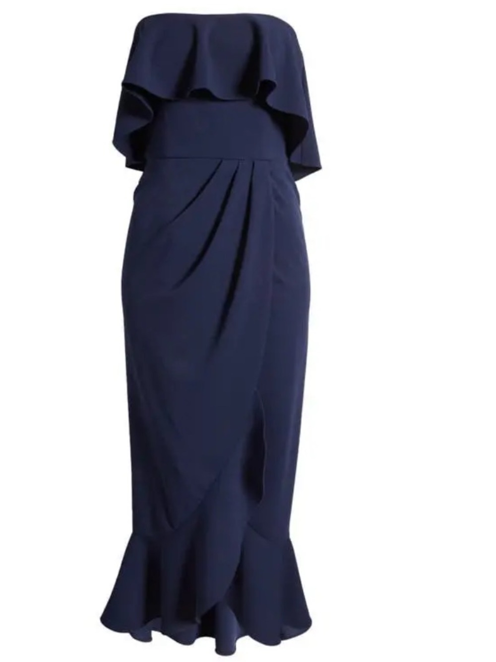 Wayf Strapless Ruffle Column Gown in Navy
